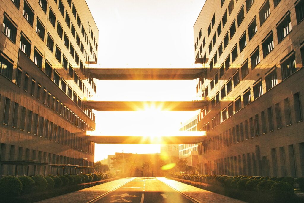 sunset, building, flyover, corridor, architecture, retro, nature, school of engineering, university, school, teaching building, campus, stone